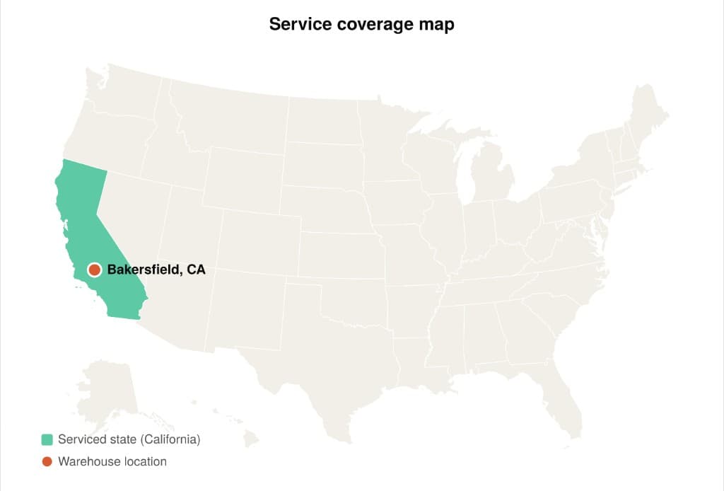 Map of the United States highlighting California as the serviced state, with a warehouse marker in Bakersfield, CA